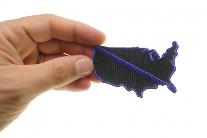 Blue Striped America Outline Patch, Police Patches shown on hand for size comparison