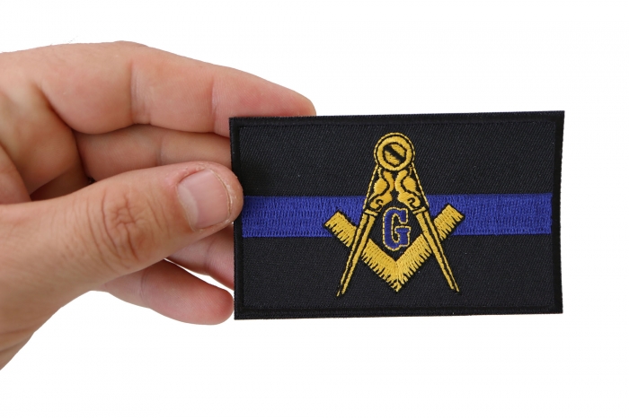 Masonic Thin Blue Line For Law Enforcement Patch shown on hand for size comparison