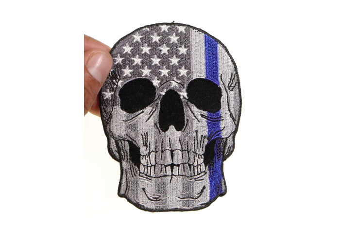 Blue Stripe American Flag Skull Police Patch, Skull Patches shown on hand for size comparison