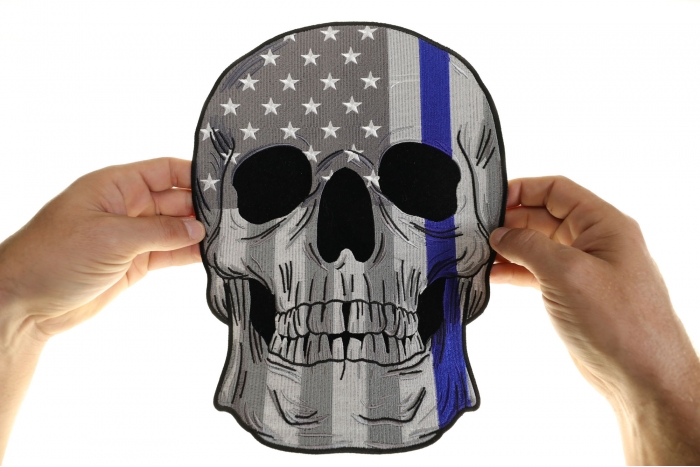 American Flag Blue Stripe Skull Patch, Large Skull Patches for Biker Jackets shown on hand for size comparison