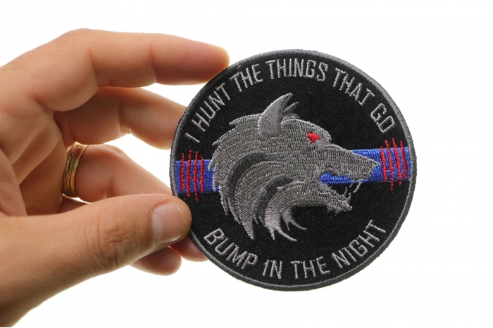 Thin Blue Line Bump In The Night Wolf Patch shown on hand for size comparison