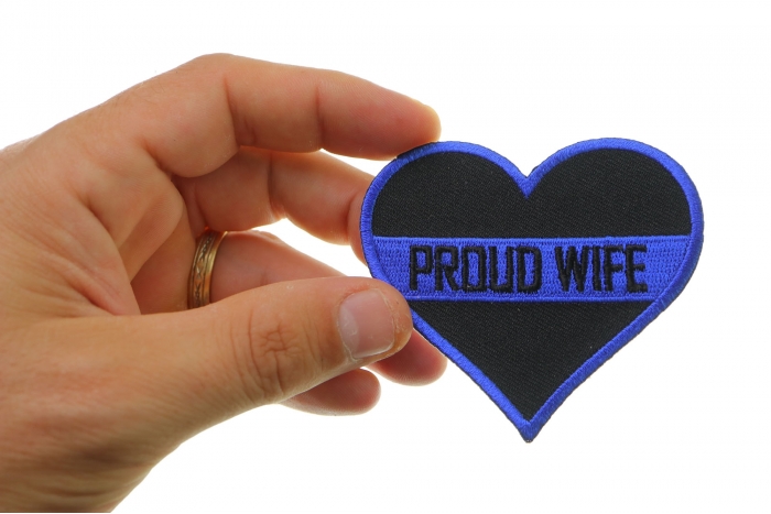 Thin Blue Line Proud Wife Patch For Law Enforcement shown on hand for size comparison