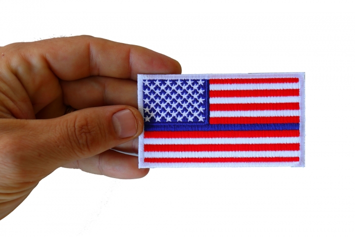 Blue Stripe US Flag Patch for Police, Flag Patches shown on hand for size comparison