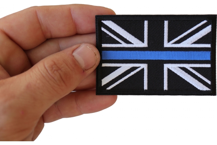 UK Flag Patch with Blue Line for Police shown on hand for size comparison