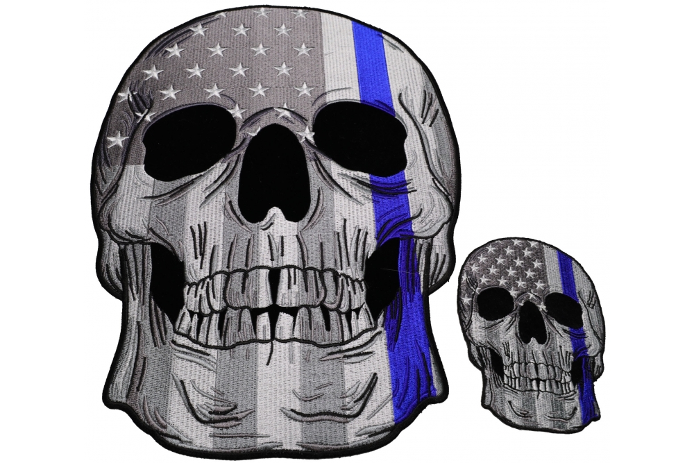 Set of 2 Small and Large Blue Line Police Skull Patches