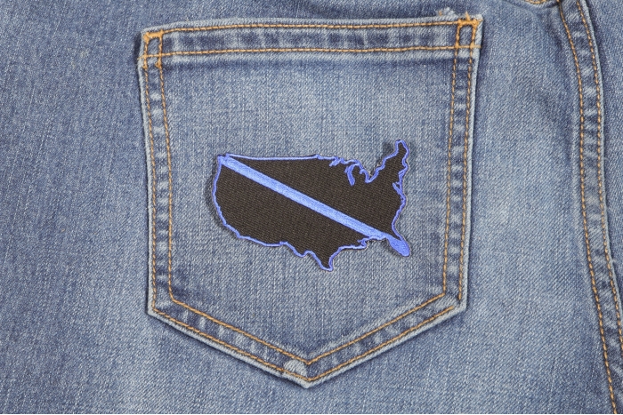 Blue Striped America Outline Patch for Police shown on jeans