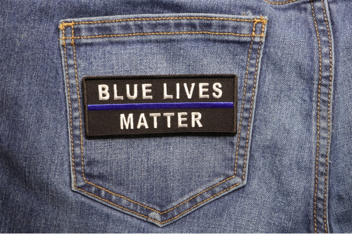 Blue Lives Matter Patch with Blue Line shown on jeans