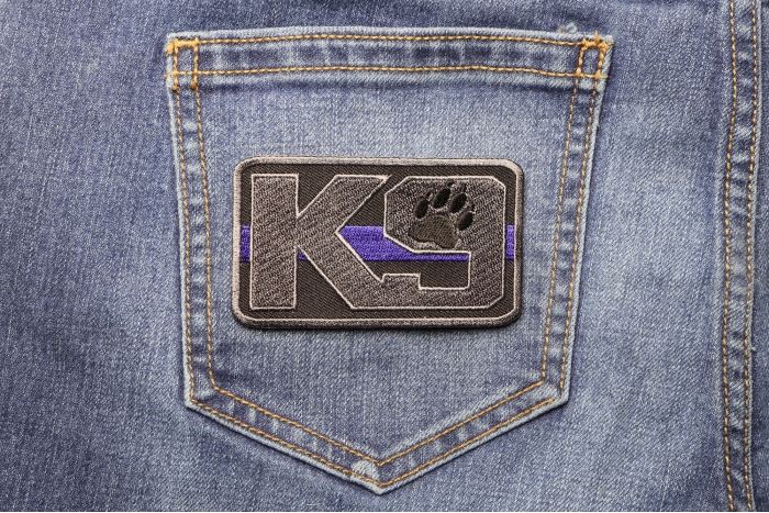 K-9 Thin Blue Line Patch For Law Enforcement shown on jeans