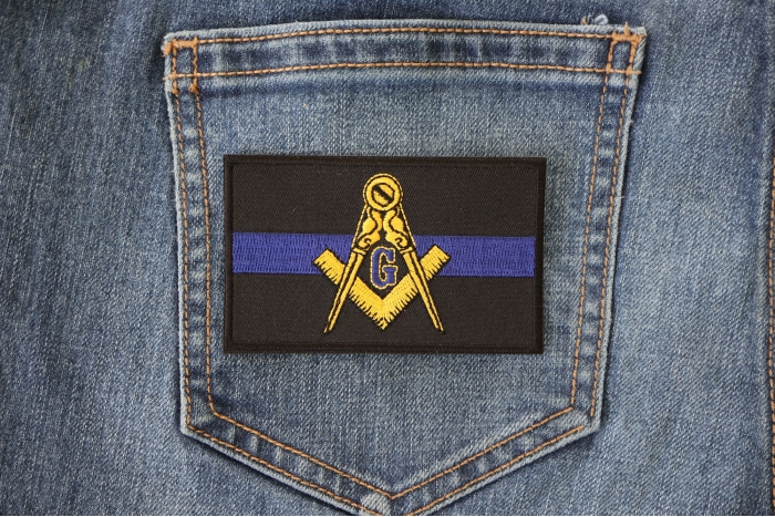 Masonic Thin Blue Line For Law Enforcement Patch shown on jeans