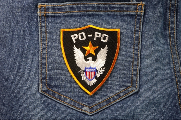 PO PO Patch Police Shield shown on jeans