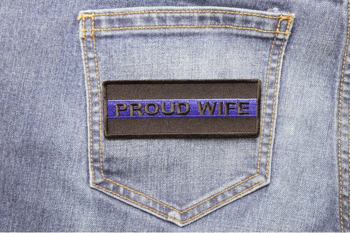 Proud Wife Blue Line Police Patch shown on jeans
