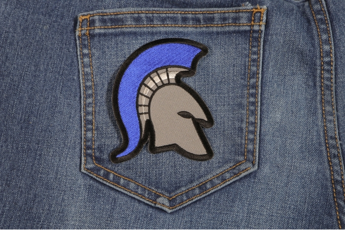 Spartan Helmet Blue Helmet Mohawk Patch shown on jeans