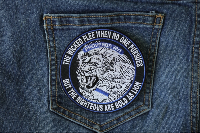 The Righteous Are Bold as Lions Patch for Law Officers shown on jeans