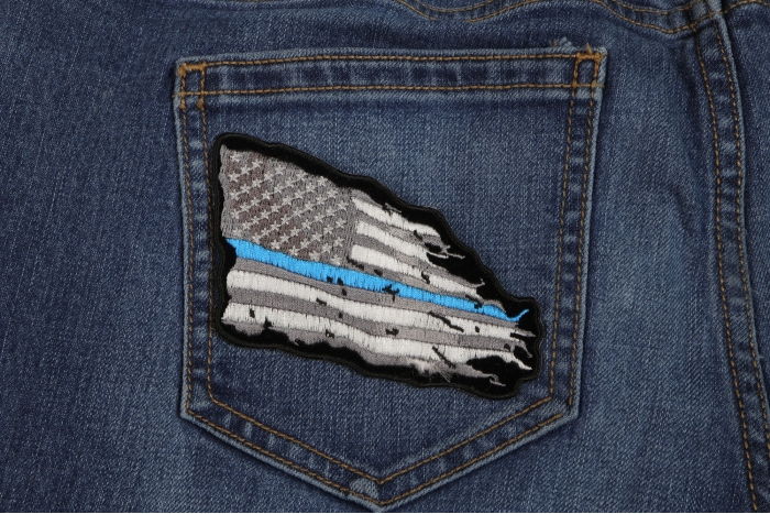 Thin Blue Line American Tattered Flag Patch shown on jeans