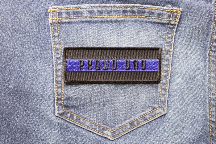 Thin Blue Line Proud Dad Patch shown on jeans