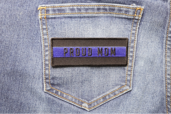 Thin Blue Line Proud Mom Patch shown on jeans