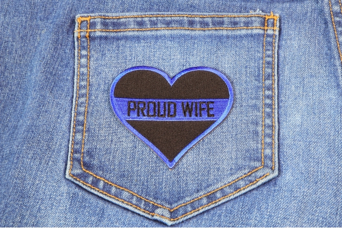 Thin Blue Line Proud Wife Patch For Law Enforcement shown on jeans