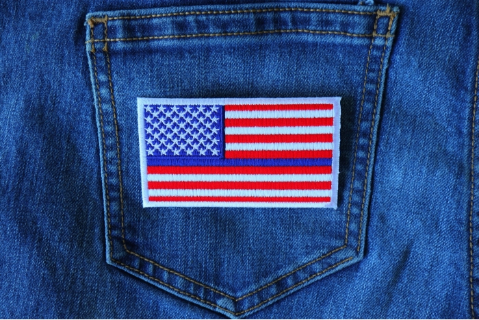 Blue Stripe US Flag Patch for Police shown on jeans