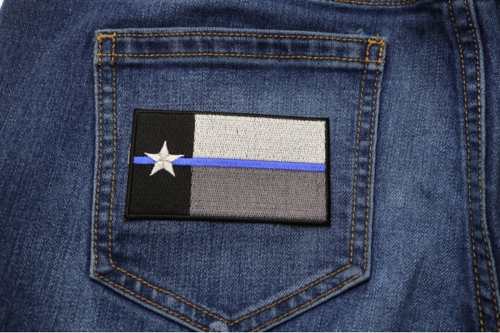 Thin Blue Line Texas State Flag Patch For Law Enforcement shown on jeans