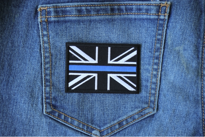 UK Flag Patch with Blue Line for Police shown on jeans