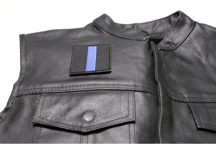 Blue Line Patch - 2.5x2.5 inch. Embroidered Iron on Patch shown on leather vest
