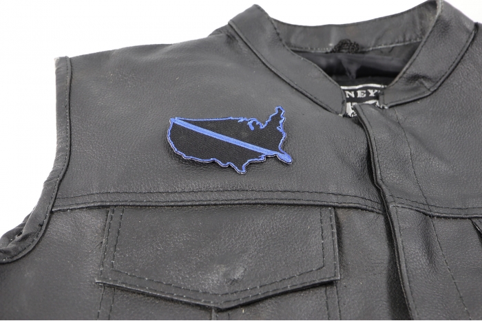 Blue Striped America Outline Patch, Police Patches shown on leather vest