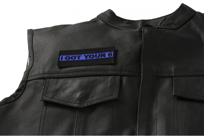 I Got Your 6 Blue Line Patch - 4x1.5 inch. Embroidered Iron on Patch shown on leather vest