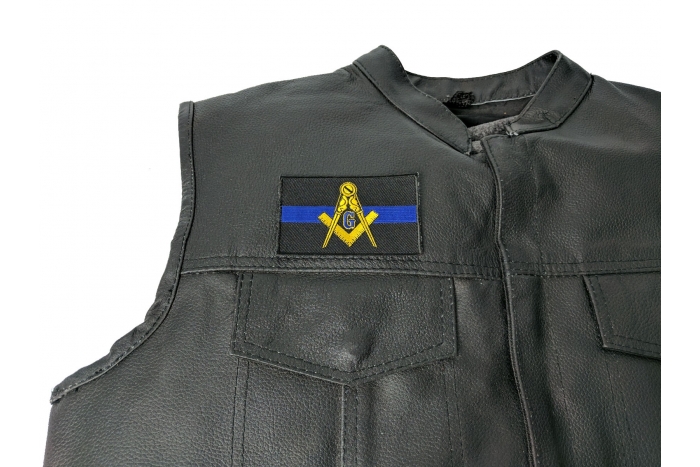 Masonic Thin Blue Line Patch - 3.5x2.1 inch. Embroidered Iron on Patch shown on leather vest