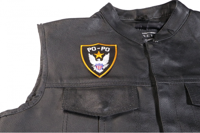 PO PO Funny Halloween Shield Patch - 3x3.5 inch Embroidered Iron on Patch shown on leather vest