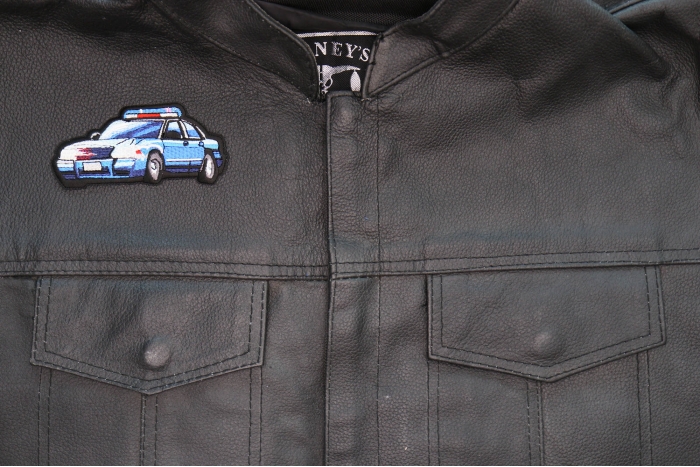 Police Car Patch shown on leather vest