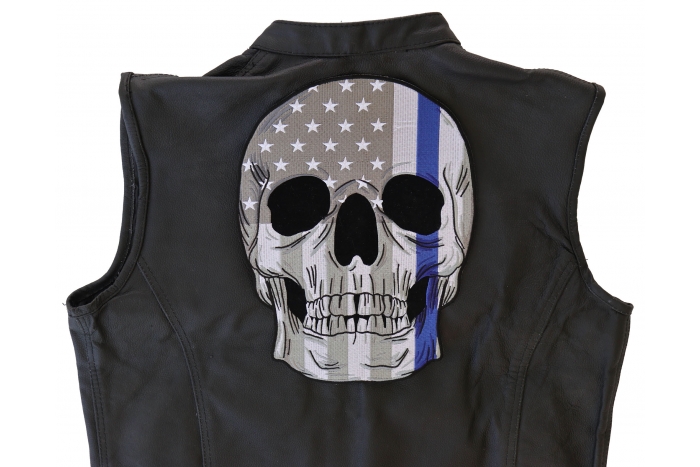 American Flag Blue Stripe Skull Patch, Large Skull Patches for Biker Jackets shown on leather vest