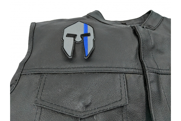 Spartan Helmet Blue Line Patch - 2.5x4 inch. Embroidered Iron on Patch shown on leather vest