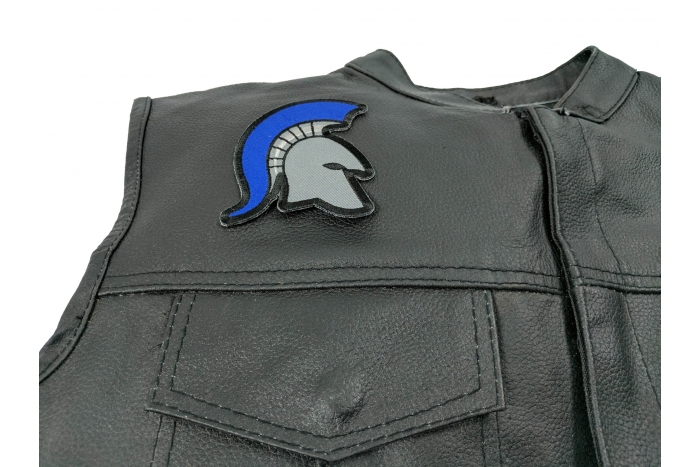Spartan Helmet Blue Helmet Mohawk Patch - 3x3.5 inch Embroidered Iron on Patch shown on leather vest