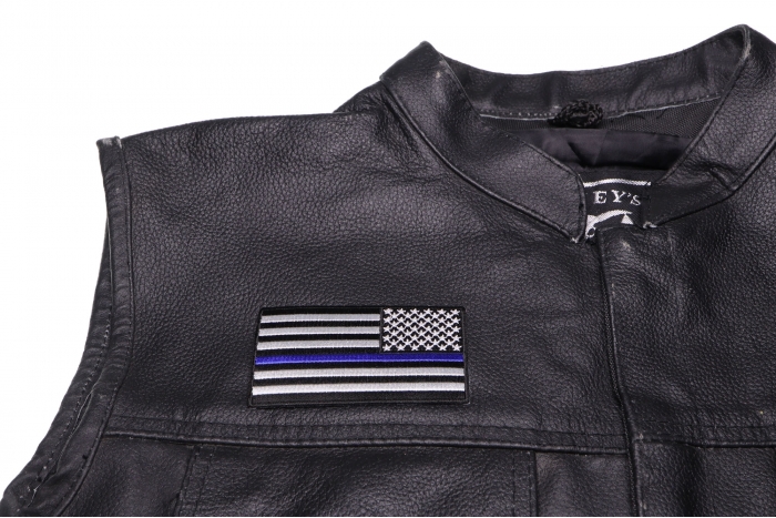 Thin Blue Line American Flag Reversed Patch - 3.5x2 inch Embroidered Iron on Patch shown on leather vest