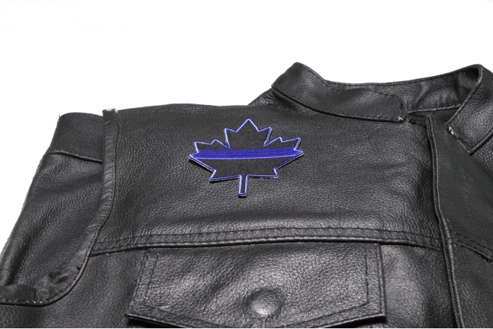 Thin Blue Line Canadian Maple Leaf Patch - 3x3.2 inch Embroidered Iron on Patch shown on leather vest