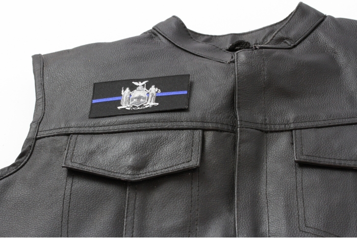 Thin Blue Line New York State Flag Patch - 4x2 inch. Embroidered Iron on Patch shown on leather vest