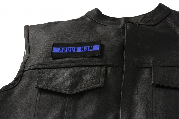 Thin Blue Line Proud Mom Patch - 4x1.5 inch. Embroidered Iron on Patch shown on leather vest
