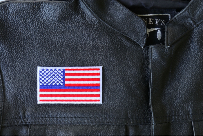 Blue Stripe US Flag Patch for Police, Flag Patches shown on leather vest