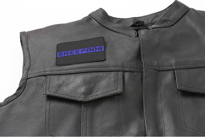 Thin Blue Line Sheepdog Patch - 3.5x2.4 inch. Embroidered Iron on Patch shown on leather vest