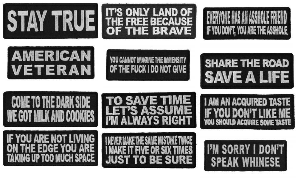 Saying Patches for Jackets, 12 Iron on Sayings