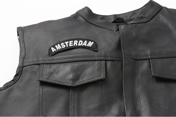 Amsterdam City Patch - Iron on Patch - 4x1.75 inch shown on leather vest