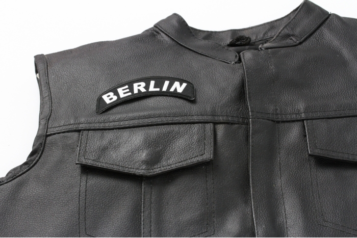Berlin City Patch - Iron on Patch - 4x1.75 inch shown on leather vest