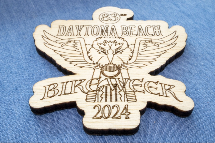 Daytona Bike Week Souvenir 2024 Wood Coaster Thick diagonal view