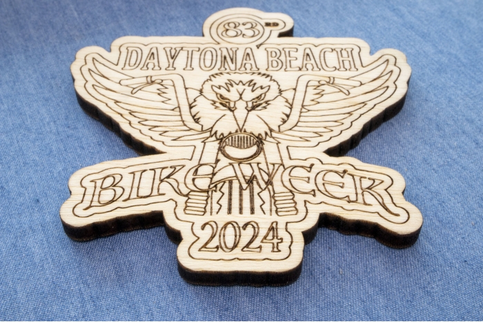 Daytona Bike Week Souvenir 2024 Wood Coaster Thick with Outline diagonal view