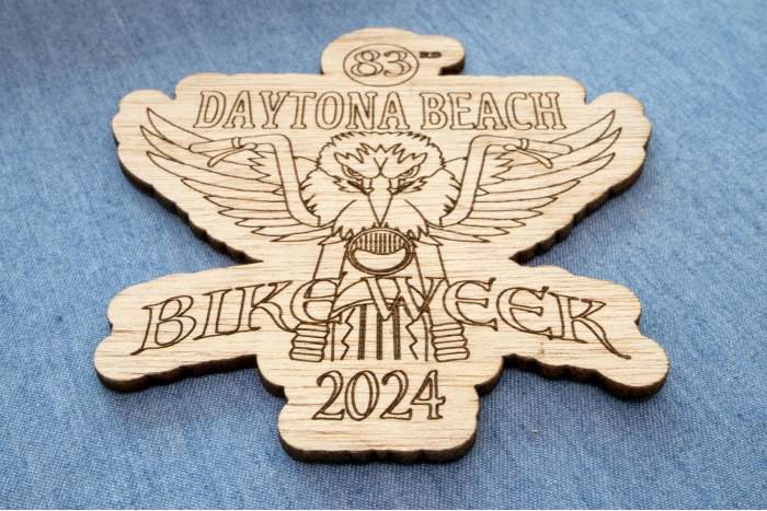 Daytona Bike Week Souvenir 2024 Wood Coaster Thin diagonal view
