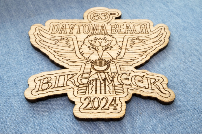 Daytona Bike Week Souvenir 2024 Wood Coaster Thin with Outline diagonal view