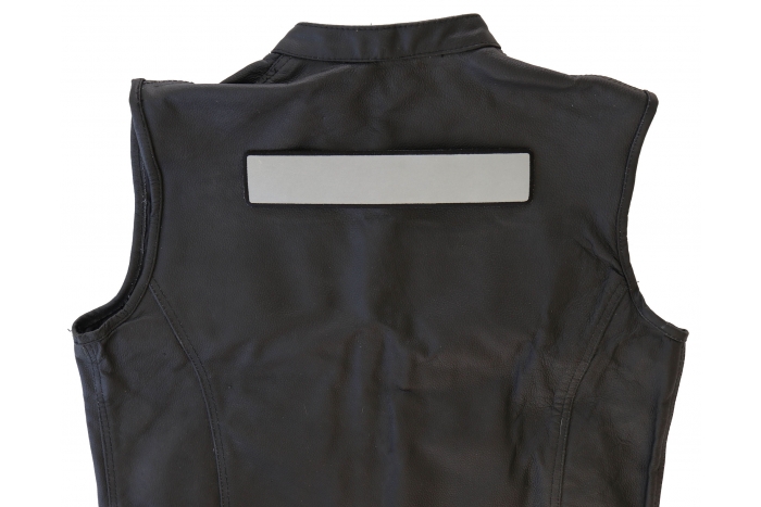 Reflective Patch, Large Reflective Back Patch for Jackets shown on leather vest