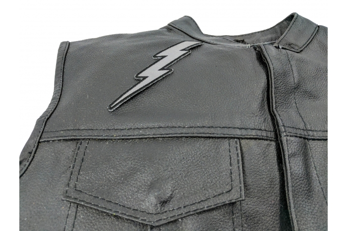 Reflective Lightning Bolt Left Patch - 1.25x5 inch shown on leather vest