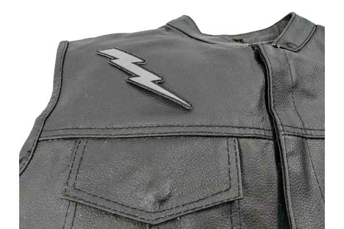 Reflective Lightning Bolt Right Patch - 1.25x5 inch shown on leather vest