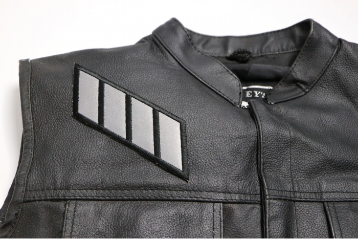Reflective Stripes 6 inch Patch - by Ivamis Trading - 6x1.8 inch - Embroidered Iron on Patch shown on leather vest